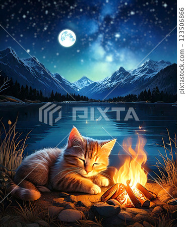 A cat sleeping comfortably near a campfire by the lake 123506866
