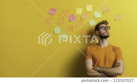 Thoughtful Man with Glasses Contemplating Sticky Notes on Yellow Background 123507027