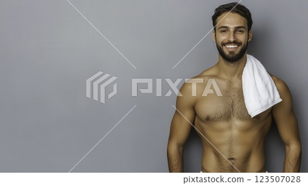 Smiling Young Man Posing with Towel on Shoulder Against Gray Background 123507028
