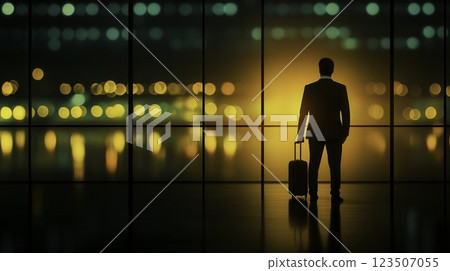 Businessman Silhouette with Suitcase Against Vibrant Cityscape at Dusk Businessman Silhouette with Suitcase Against Vibrant Cityscape at Dusk 123507055