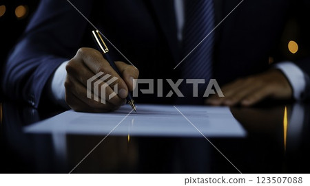 Professional Individual Signing Document with Elegant Pen in Office Setting Professional Individual Signing Document with Elegant Pen in Office Setting 123507088