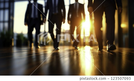 Business Professionals Walking Together Towards Bright Sunset in Office 123507093