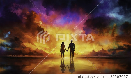 Romantic Silhouette of Couple at Sunrise with Colorful Cloudy Sky Reflections 123507097