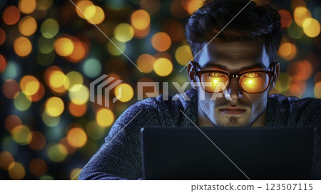 Focused young man using laptop with glowing glasses against colorful bokeh Focused young man using laptop with glowing glasses against colorful bokeh 123507115