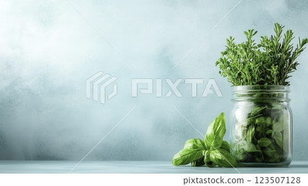 Fresh Herbs in Jar with Green Background for Cooking and Culinary Use 123507128