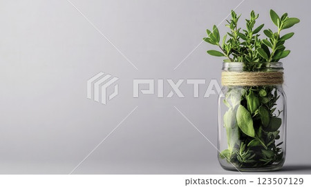 Fresh Green Herbs in Glass Jar with Twine on Light Grey Background 123507129