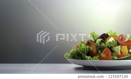 Fresh Colorful Salad on White Plate with Green Leafy Vegetables and Tomatoes 123507130