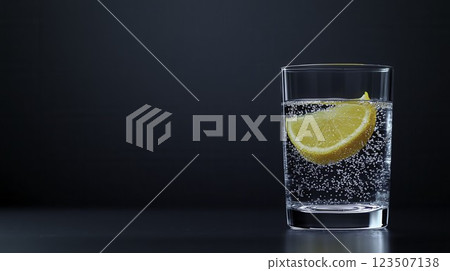 Refreshing Glass of Sparkling Water with Lemon Slice on Dark Background Refreshing Glass of Sparkling Water with Lemon Slice on Dark Background 123507138
