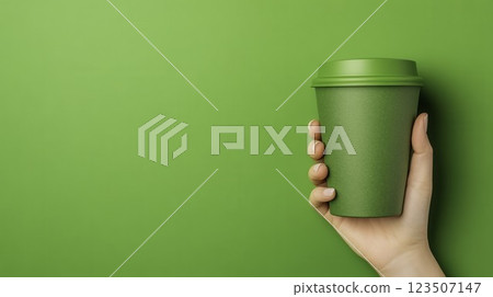Hand Holding Green Cup Against Vibrant Green Background with Texture 123507147