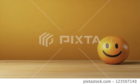 Cheerful Smiley Face Ball on Wooden Table with Vibrant Orange Background 123507148