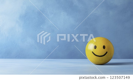 Bright Yellow Smiley Face on Calm Blue Background for Cheerful Concepts 123507149