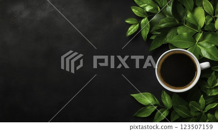 Fresh Coffee Cup Surrounded by Lush Green Leaves on Dark Background Fresh Coffee Cup Surrounded by Lush Green Leaves on Dark Background 123507159
