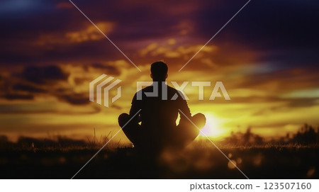 Serene Silhouette of a Person Meditating Against a Vibrant Sunset Landscape Serene Silhouette of a Person Meditating Against a Vibrant Sunset Landscape 123507160