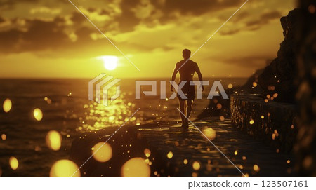 Silhouette of a Runner on a Coastal Path During a Vibrant Sunset Glow Silhouette of a Runner on a Coastal Path During a Vibrant Sunset Glow 123507161