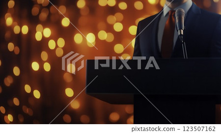 Businessman Delivering Speech at Podium with Blurred Red Background 123507162