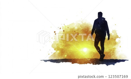 Silhouette of a Person Walking Towards a Vibrant Sunset in Watercolor Style 123507169