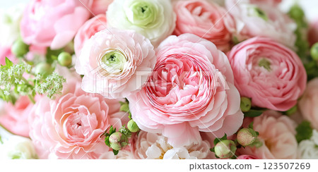 Bridal bouquet with pink and white peony roses of different size. Romantic wedding bouquet with beautiful flowers.  123507269