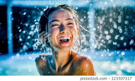 Japanese women in swimsuits enjoying the pool 123507317