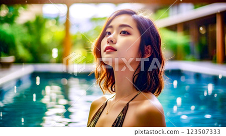 Japanese women in swimsuits enjoying the pool Japanese women in swimsuits enjoying the pool 123507333