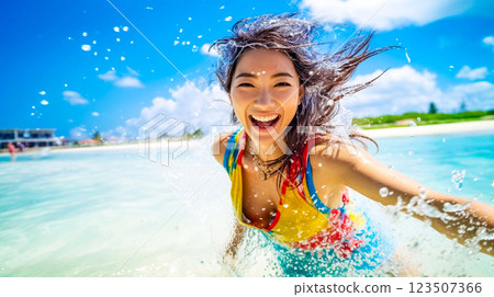 Japanese women in swimsuits frolicking in the sea 123507366