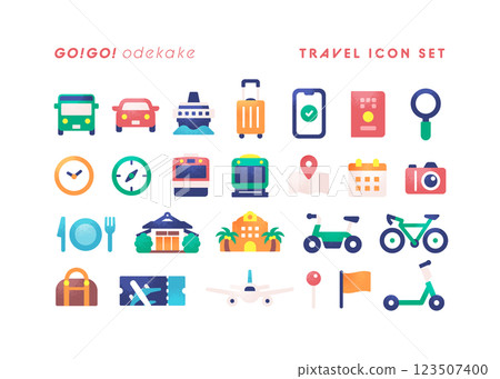 A set of travel-related icons representing transportation, accommodation, and tourist attractions. Pop and cute vector illustration material. 123507400