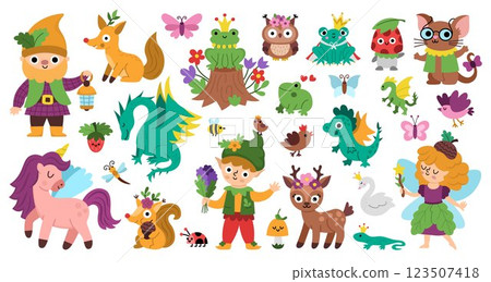 Vector magic creature clipart set. Cute icons of fairytale characters. Woodland fantasy animal collection. Forest fairy tale illustrations. Magical pack with dwarf, unicorn, elf, deer, dragon, mouse, Vector magic creature clipart set. Cute icons of fairytale characters. Woodland fantasy animal collection. Forest fairy tale illustrations. Magical pack with dwarf, unicorn, elf, deer, dragon, mouse, 123507418