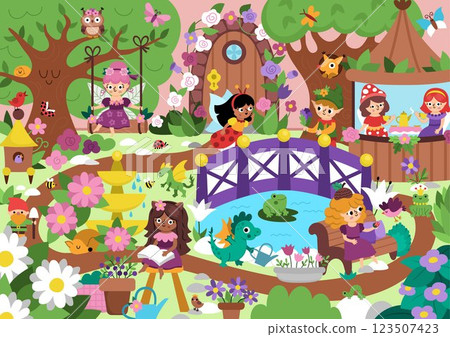 Vector fairy garden background with cute girls having fun. Fairytale princess back yard landscape. Magic orchard scenery with door, gazebo, bridge, fountain, pond, cozy bench. Fantasy scene Vector fairy garden background with cute girls having fun. Fairytale princess back yard landscape. Magic orchard scenery with door, gazebo, bridge, fountain, pond, cozy bench. Fantasy scene 123507423