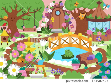 Vector empty fairy garden background. Fairytale little princess back yard landscape. Magic orchard scenery with door, gazebo, bridge, fountain, pond and cozy bench. Fantasy scene illustration 123507424
