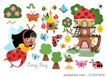 Vector fairy bug clipart set. Cute icons of little girl with wings. Woodland princess collection. Fantasy, fairytale forest illustrations. Magic creature pack with butterfly, ladybird tree house, bee, 123507429