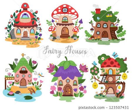 Vector fairy house clipart set. Woodland princess home icons collection. Fantasy forest cottages illustrations. Magic fairytale creature dwelling shaped as berry, flower, mushroom, treehouse 123507431