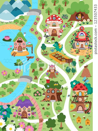 Vector fairyland map background. Cute fairy land landscape. Woodland scenery with trees, treehouses, dragon, roads, bridge, river. Fantasy forest scene illustration. Magic or fairytale world picture Vector fairyland map background. Cute fairy land landscape. Woodland scenery with trees, treehouses, dragon, roads, bridge, river. Fantasy forest scene illustration. Magic or fairytale world picture 123507433