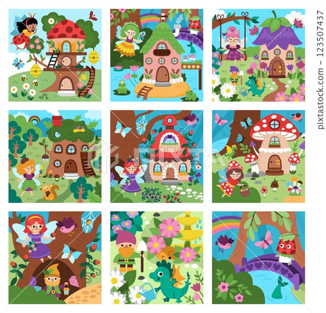 Vector square fairyland backgrounds set. Cute fairy land landscape collection. Woodland scenery with magic princess, trees, treehouse, animals. Fantasy forest scene illustration. Fairytale picture 123507437