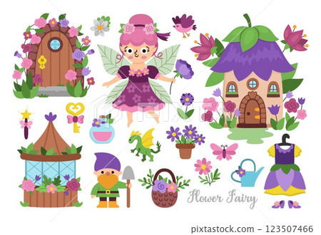 Vector flower fairy clipart set. Cute icons of little girl with wings. Woodland garden princess collection. Fantasy, fairytale forest illustrations. Magic creature pack with butterfly, dwarf, house Vector flower fairy clipart set. Cute icons of little girl with wings. Woodland garden princess collection. Fantasy, fairytale forest illustrations. Magic creature pack with butterfly, dwarf, house 123507466
