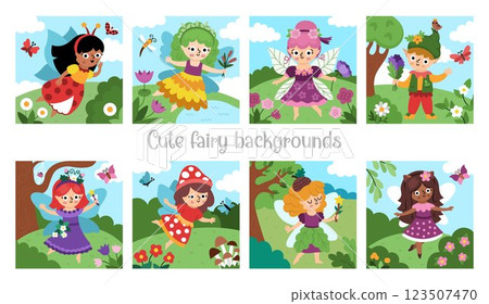 Vector square fairy backgrounds set. Fairyland landscape collection. Cute scenery with magic princess with wings, meadow, trees, sky, flower. Fantasy nature scene illustration. Fairytale picture for 123507470
