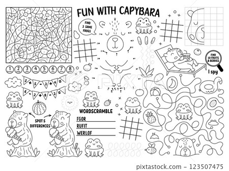 Vector capybara placemat for kids. Capibara printable activity mat with maze, tic tac toe charts, connect the dots, find difference. Cute relaxing animals black and white play mat or coloring page 123507475