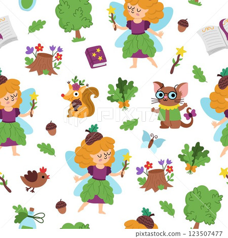 Vector acorn fairy seamless pattern. Cute repeat background with little girl. Woodland princess digital paper. Fantasy forest, magic garden texture with fairytale creature, butterfly, spell book, Vector acorn fairy seamless pattern. Cute repeat background with little girl. Woodland princess digital paper. Fantasy forest, magic garden texture with fairytale creature, butterfly, spell book, 123507477
