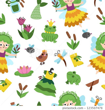 Vector swamp fairy seamless pattern. Cute repeat background with little girl. Woodland princess digital paper. Fantasy forest, magic garden texture with fairytale creature, frog, reeds, water lily Vector swamp fairy seamless pattern. Cute repeat background with little girl. Woodland princess digital paper. Fantasy forest, magic garden texture with fairytale creature, frog, reeds, water lily 123507478