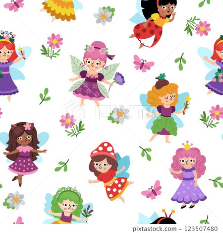 Vector fairy seamless pattern. Cute repeat background with little girls with wings. Woodland princess digital paper. Fantasy forest, magic texture with acorn, mushroom, unicorn, fairytale creatures Vector fairy seamless pattern. Cute repeat background with little girls with wings. Woodland princess digital paper. Fantasy forest, magic texture with acorn, mushroom, unicorn, fairytale creatures 123507480