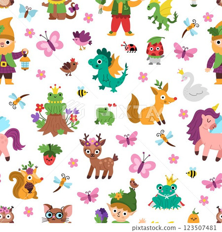 Vector magic creature seamless pattern. Cute repeat background with fairytale characters. Woodland fantasy animal digital paper. Forest fairy tale, magical texture with dwarf, unicorn, elf, deer 123507481