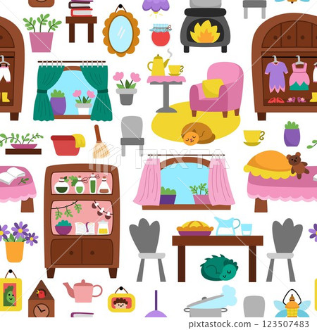 Vector acorn fairy house seamless pattern. Repeat background with woodland princess home decor items. Fantasy forest cottage texture. Magic fairytale treehouse digital paper with furniture 123507483