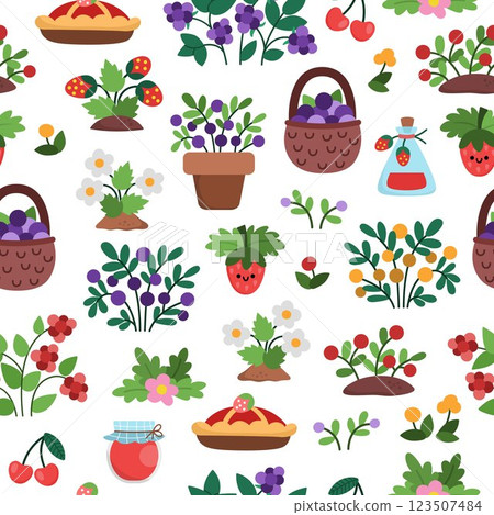 Vector cartoon berry seamless pattern. Cute repeat background with woodland or garden plants. Forest nature texture with strawberry, raspberry, blackberry, jam, basket. Cottage core digital paper 123507484
