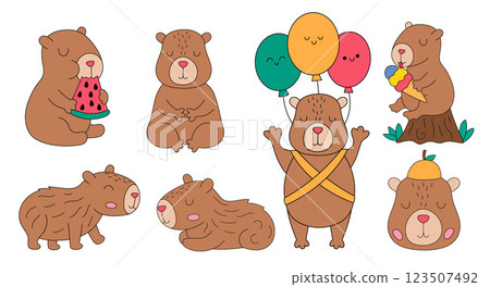 Vector capybara set. Cute capibara animals collection. Funny guinea pigs meditating, sleeping, relaxing, flying balloons, eating ice-cream, having fun. Cartoon colored illustration with outlines Vector capybara set. Cute capibara animals collection. Funny guinea pigs meditating, sleeping, relaxing, flying balloons, eating ice-cream, having fun. Cartoon colored illustration with outlines 123507492