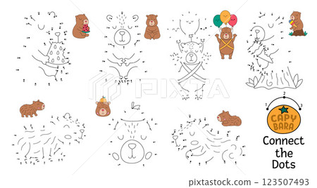 Vector line capybara dot-to-dot and color activity set with animal eating, sleeping, meditating, relaxing. Capibara black and white connect the dots game with colored example. Coloring page for 123507493