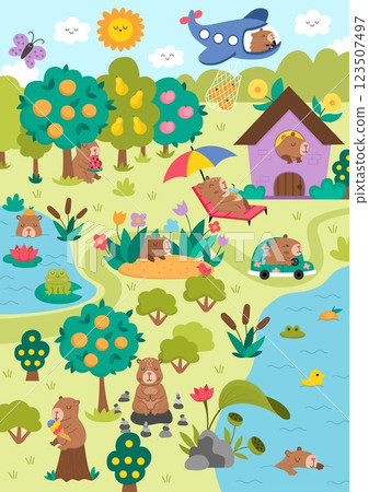 Vector capybara landscape illustration. Cute scenery with capibara, pond, car, house, plane. Funny detailed scene with adorable animals swimming, relaxing, meditating. Happy land picture for kids Vector capybara landscape illustration. Cute scenery with capibara, pond, car, house, plane. Funny detailed scene with adorable animals swimming, relaxing, meditating. Happy land picture for kids 123507497