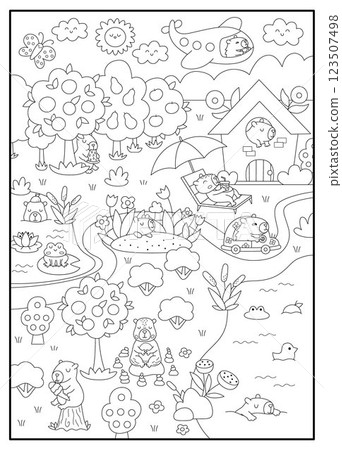 Vector black and white capybara landscape illustration. Cute line coloring page with capibara, pond, car, house, plane. Funny detailed scene with adorable animals swimming, relaxing, meditating Vector black and white capybara landscape illustration. Cute line coloring page with capibara, pond, car, house, plane. Funny detailed scene with adorable animals swimming, relaxing, meditating 123507498