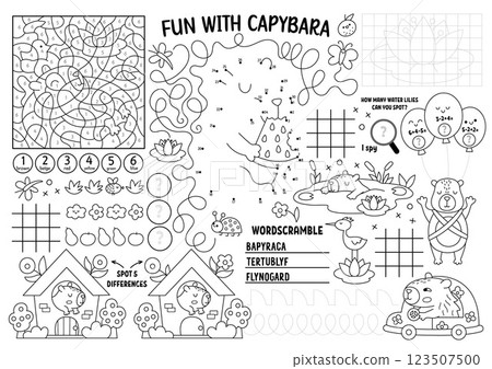 Vector capybara placemat for kids. Capibara printable activity mat with maze, tic tac toe charts, connect the dots, find difference. Cute relaxing animals black and white play mat or coloring page Vector capybara placemat for kids. Capibara printable activity mat with maze, tic tac toe charts, connect the dots, find difference. Cute relaxing animals black and white play mat or coloring page 123507500