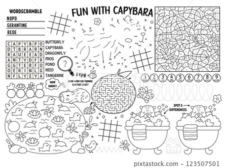 Vector capybara placemat for kids. Capibara printable activity mat with maze, tic tac toe charts, connect the dots, find difference. Cute relaxing animals black and white play mat or coloring page 123507501
