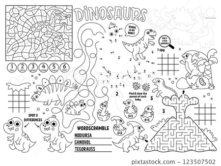 Vector dinosaur placemat for kids. Prehistoric printable activity mat with maze, tic tac toe charts, connect the dots, find difference. Ancient animals black and white play mat or coloring page 123507502