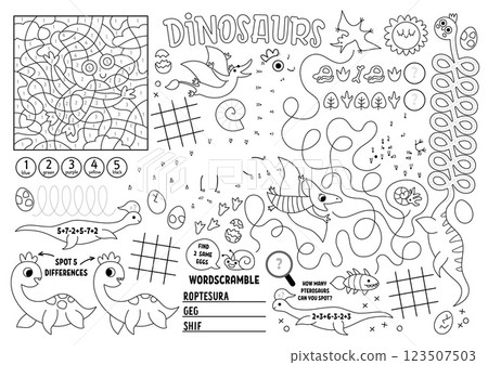 Vector dinosaur placemat for kids. Prehistoric printable activity mat with maze, tic tac toe charts, connect the dots, find difference. Ancient animals black and white play mat or coloring page Vector dinosaur placemat for kids. Prehistoric printable activity mat with maze, tic tac toe charts, connect the dots, find difference. Ancient animals black and white play mat or coloring page 123507503