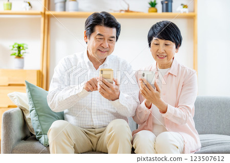 Senior couple looking at smartphone 123507612